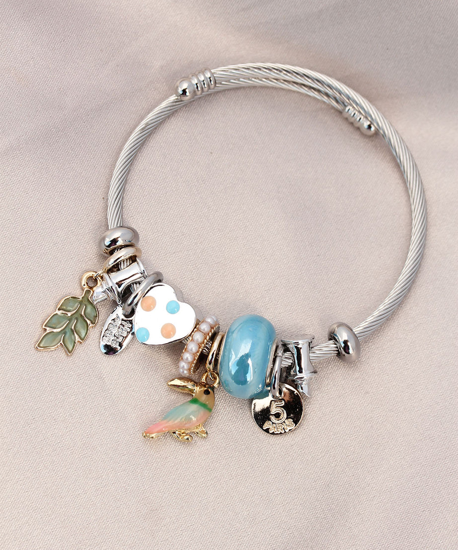 Bird and Leaf Design Heart Detailed Charm Bracelet