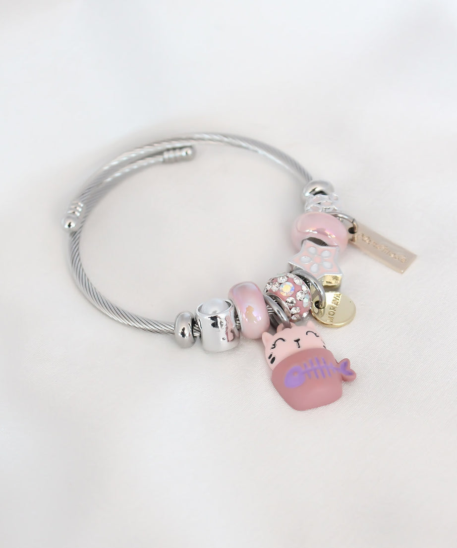 Pink Cat Figure Star Detail Silver Color Charm Steel Women's Bracelet