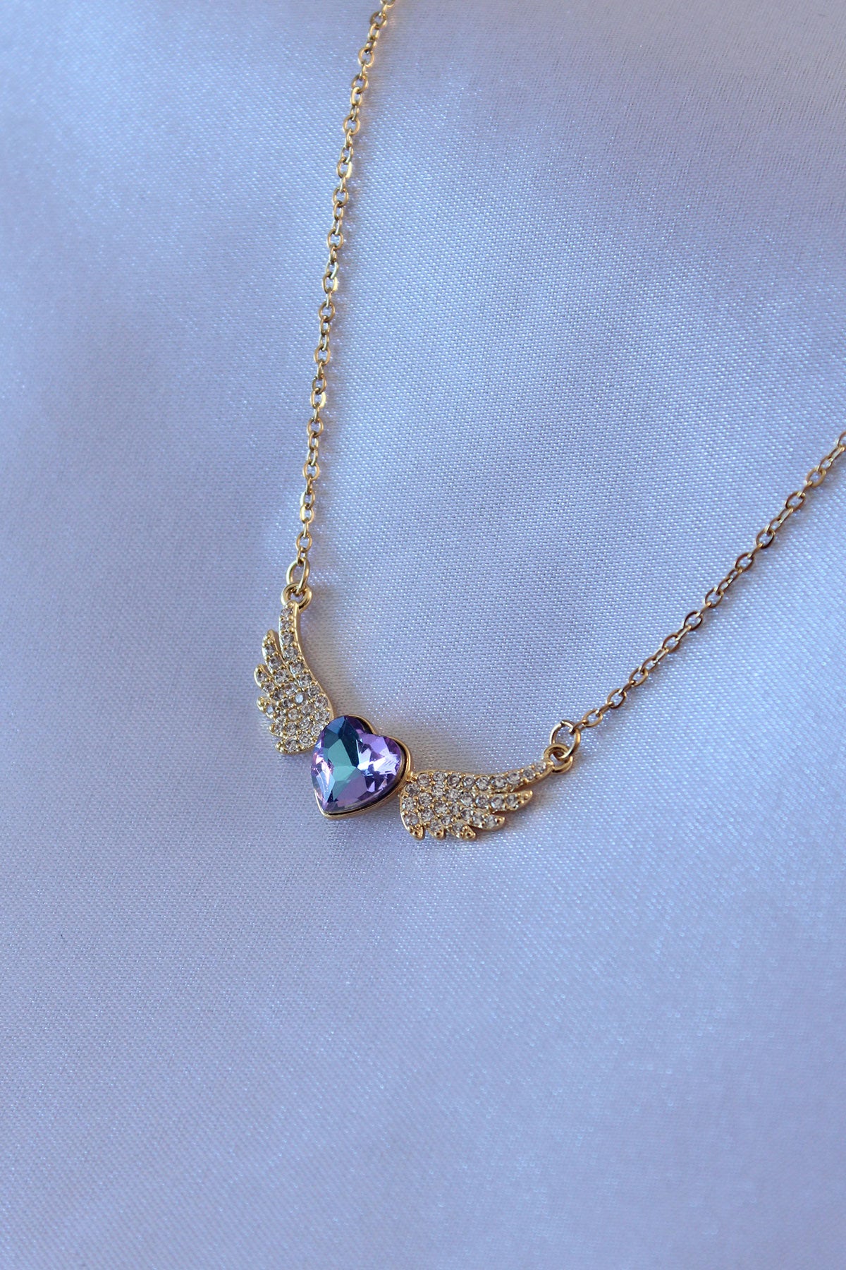 316L Steel Gold Color Zircon Stone Winged Crystal Heart Model Women's Necklace