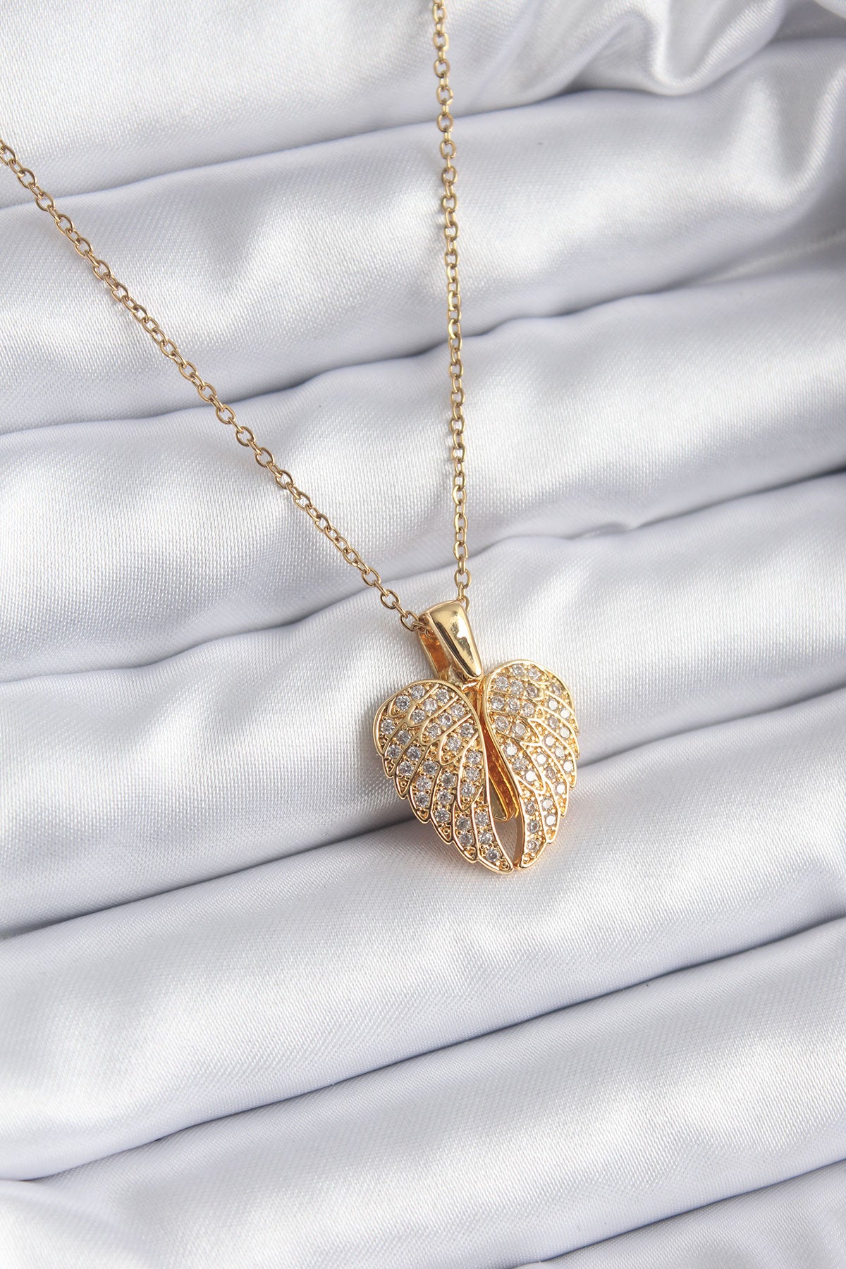 316L Steel Chain Gold Color Zircon Stone Wing Heart Opening Model Women's Necklace