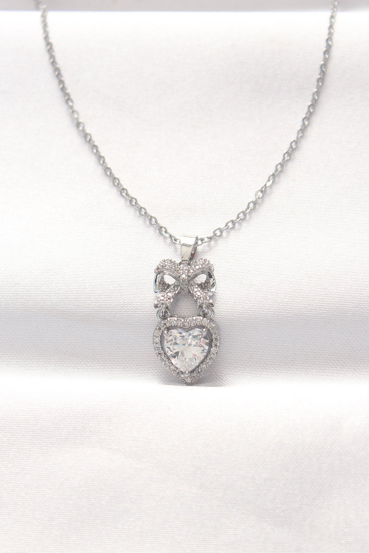 316L Steel Silver Color Zircon Stone Heart Bow Necklace