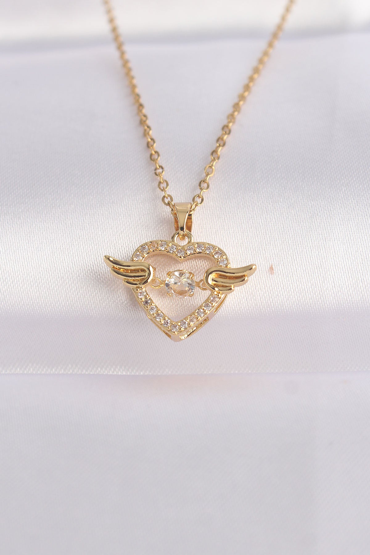 316L Steel Chain Gold Color Zircon Stone Winged Heart Necklace