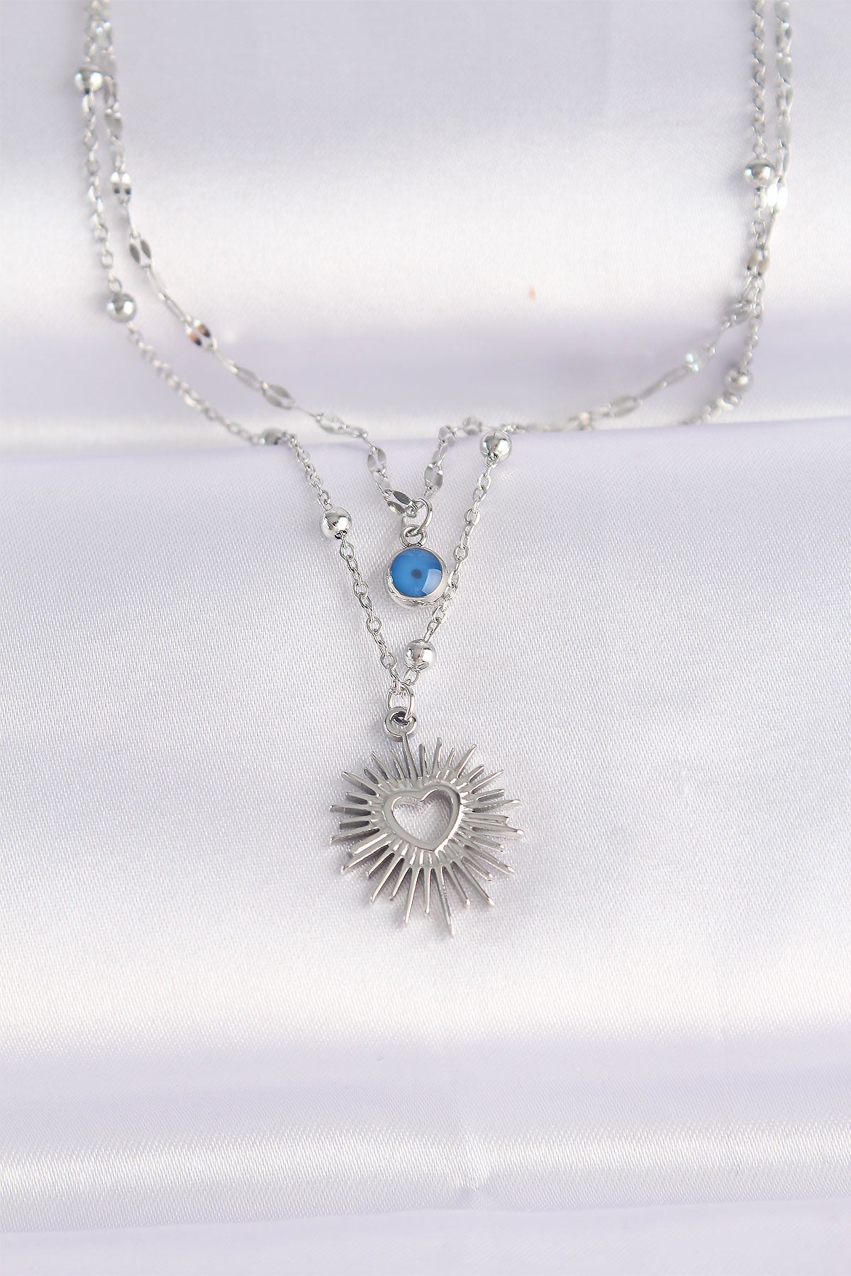 316L Steel Chain Silver Color Evil Eye Bead Detail Heart Sun Necklace