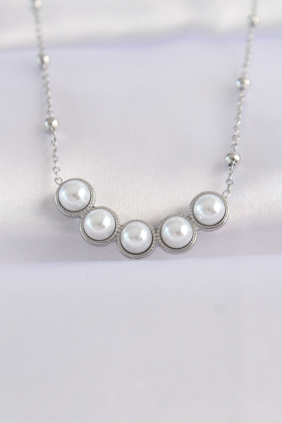 316L Steel Chain Silver Color Sequential Pearl Stone Necklace