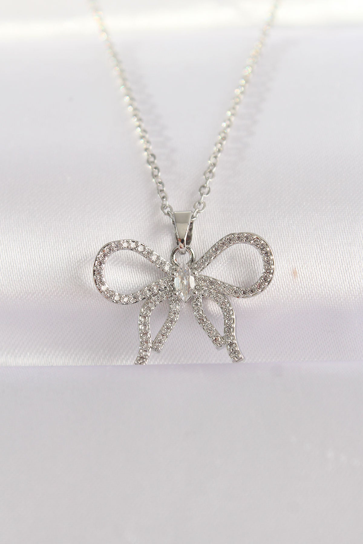 316L Steel Chain Silver Color Zircon Stone Bow Necklace