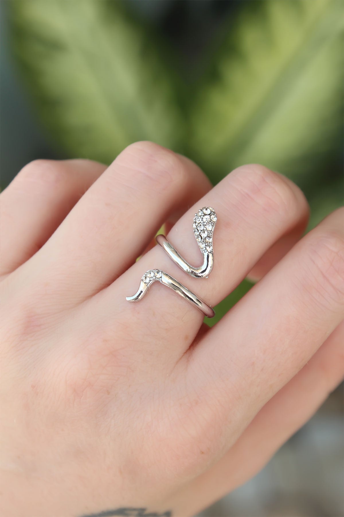 Brass Silver Color Adjustable Zircon Stone Snake Ring
