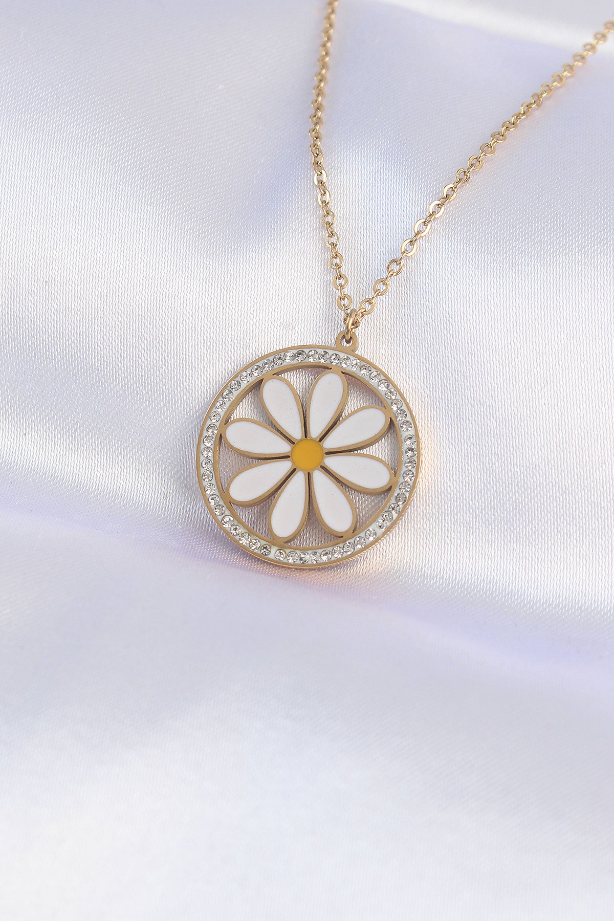 316L Steel Chain Gold Color Oval Zircon Stone Daisy Necklace