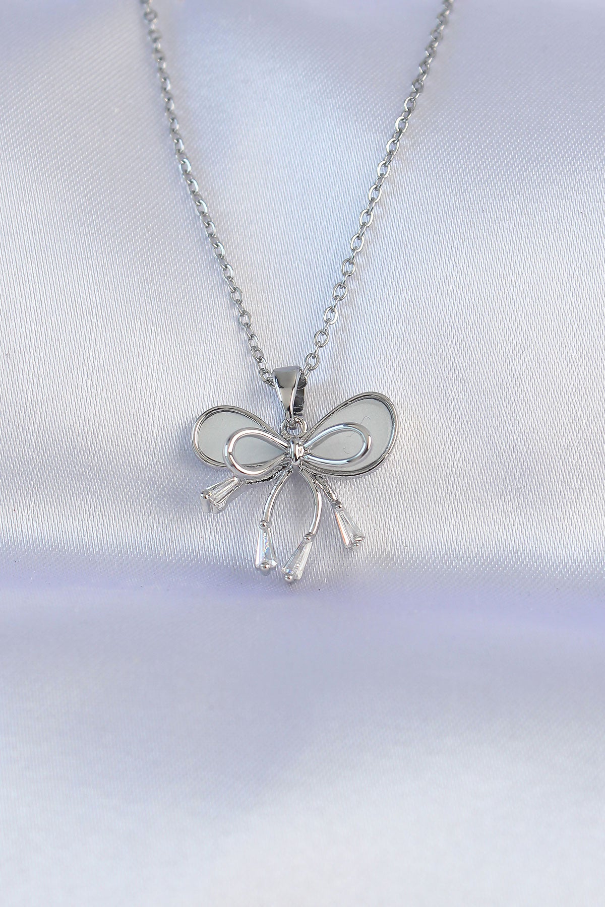 316L Steel Chain Silver Color White Enamel 2-Piece Bow Necklace