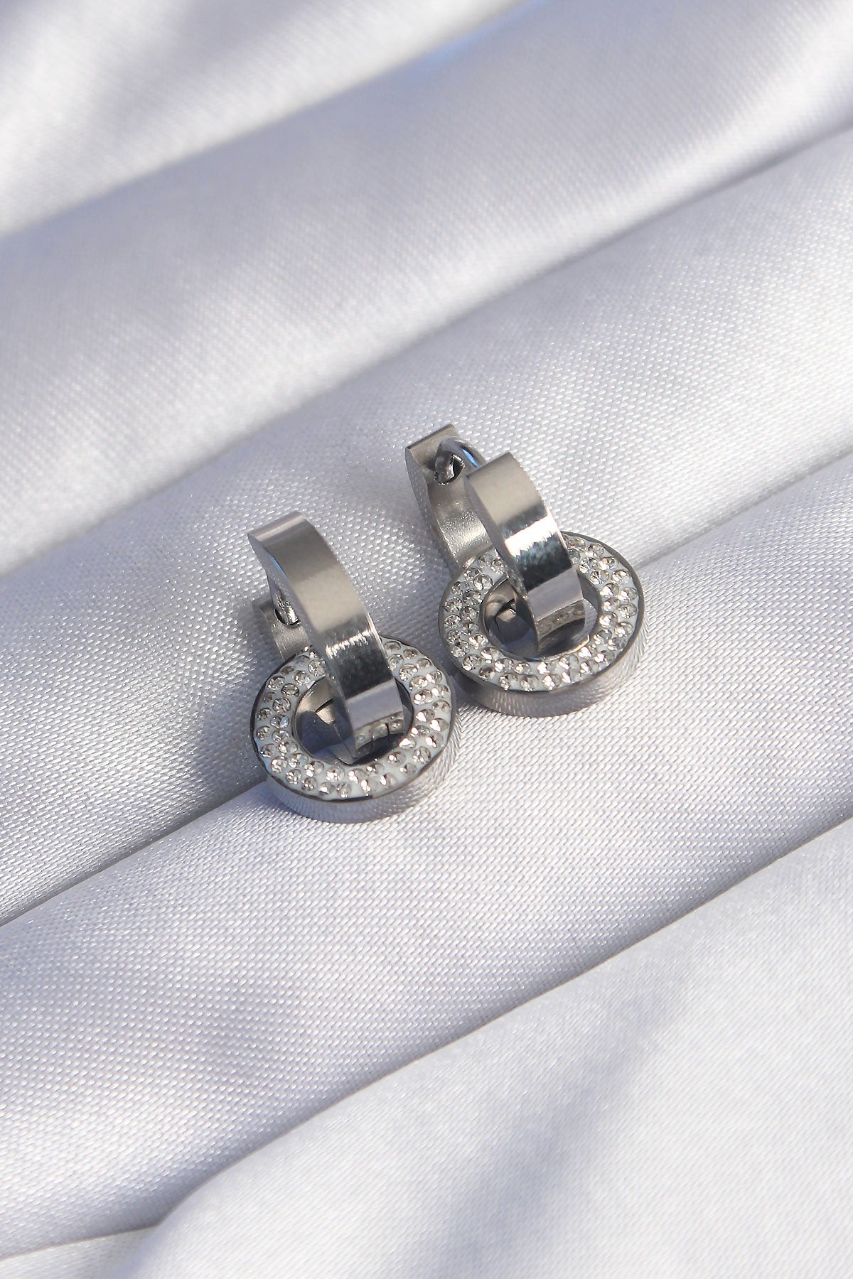 316L Steel Silver Color Zircon Stone Interlocking Oval Earrings