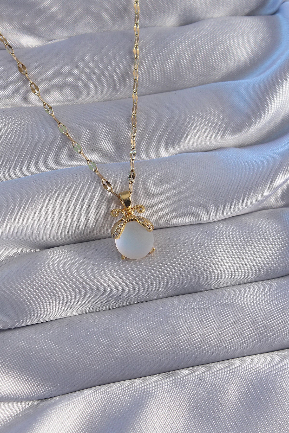 316L Steel Chain Gold Color Zircon Stone Pearl Sphere Necklace