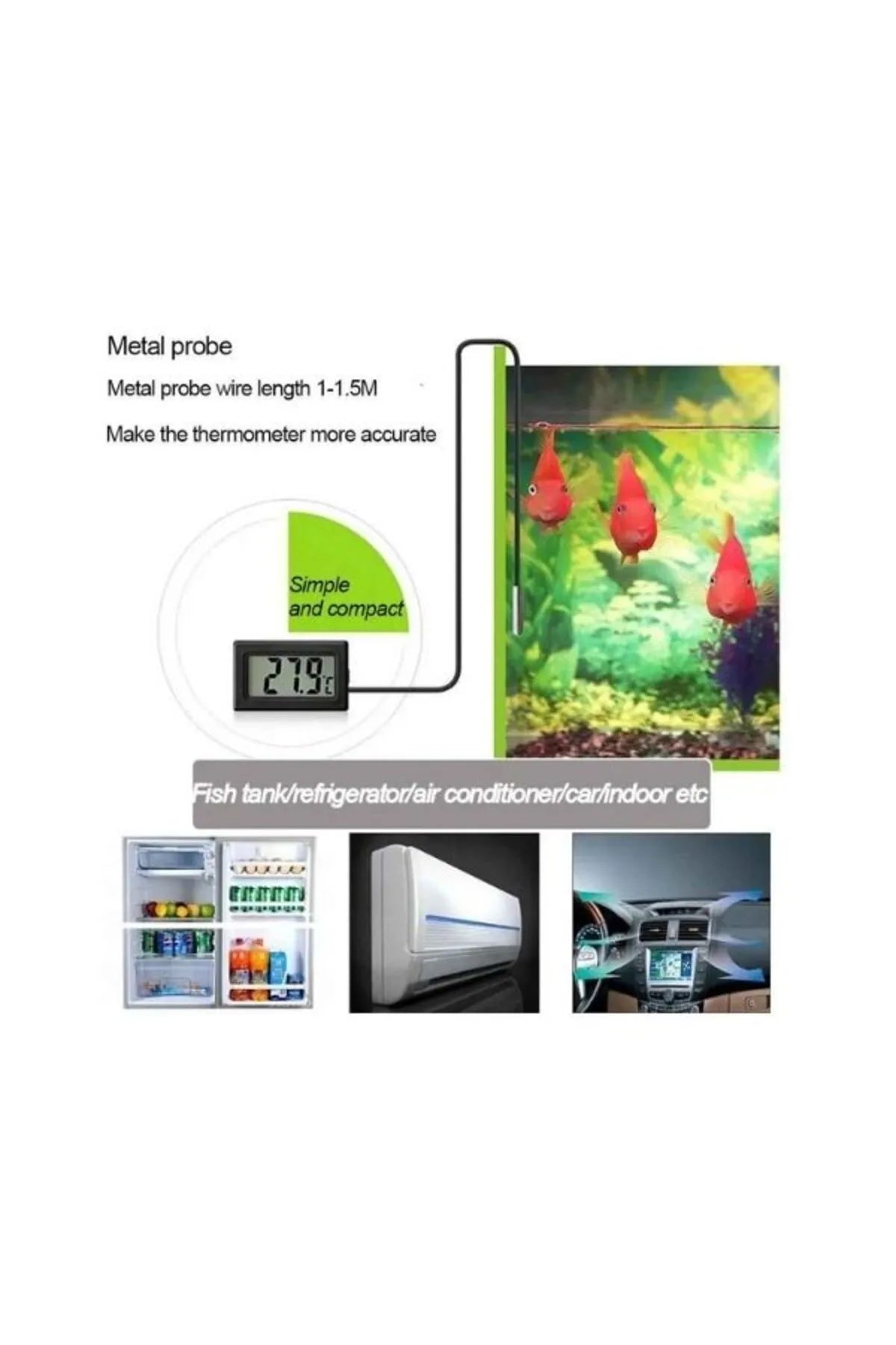 Mini LCD Dijital Termometre Akvaryum, Buzdolabı, Otomobil, Sera Problu Termometre