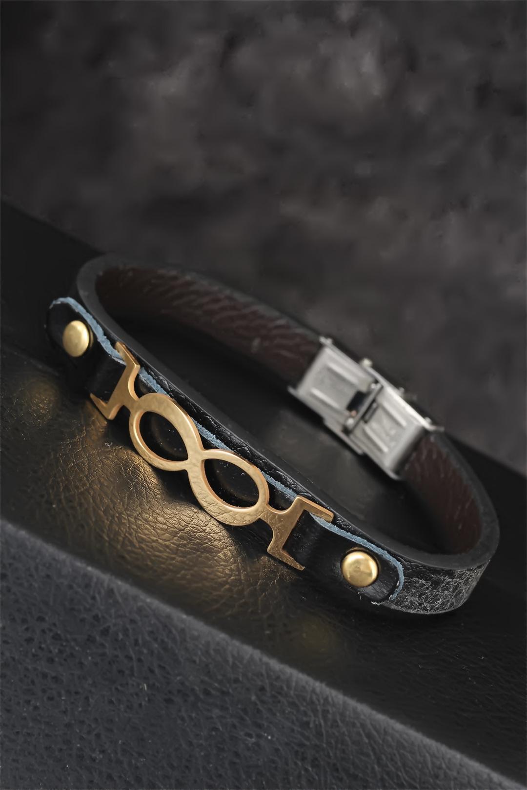 Gold Color Infinity Figured Steel Accessory Black Color Leather Men's Bracelet