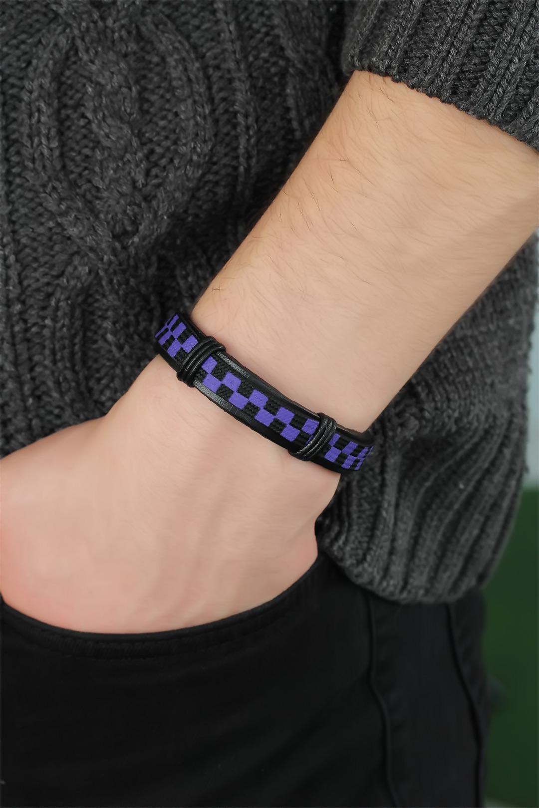 Lilafarbenes kariertes Lederarmband für Herren