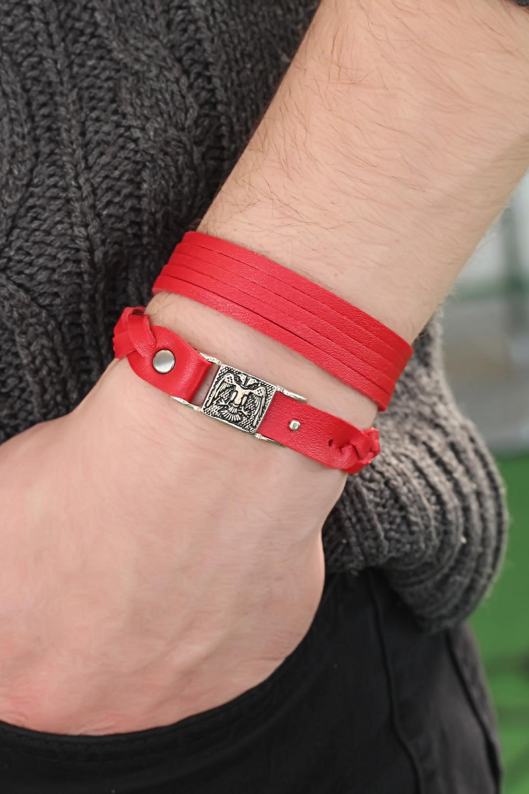 Red Color Leather Men's Bracelet Combination