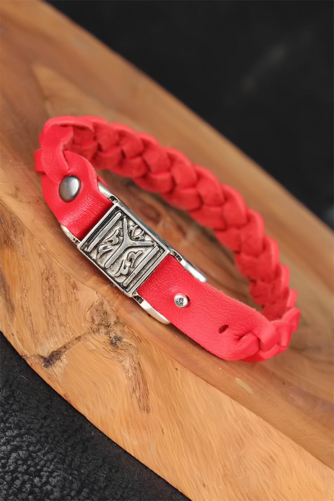 Red Color Knitted Model Kayi Size Accessory Leather Men's Bracelet