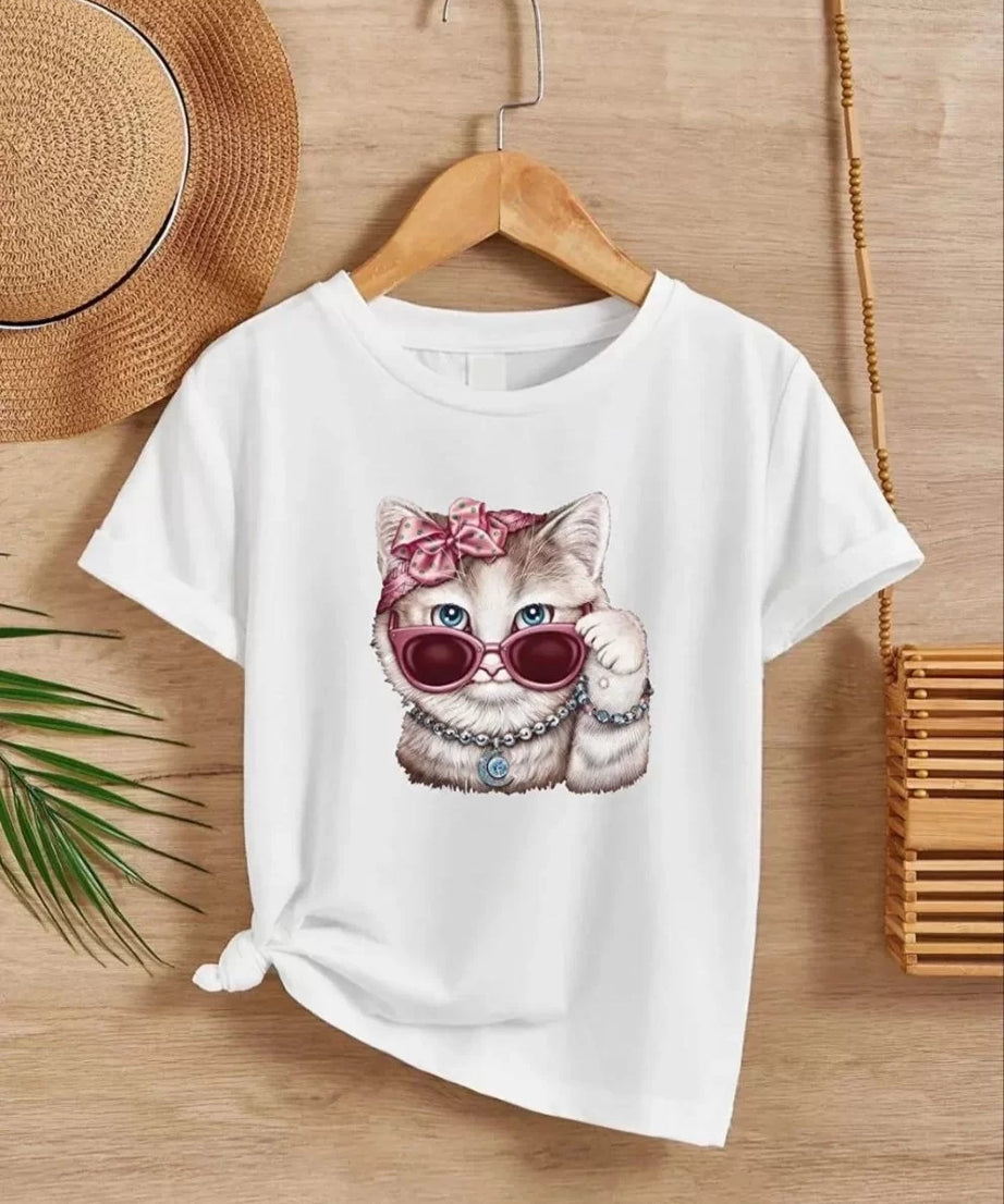 Gucso Kız Çocuk Bisiklet Yaka Gözlüklü Kedi Baskılı T-Shirt - Beyaz