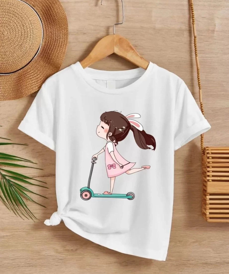 Gucso Kız Çocuk Bisiklet Yaka Scooter Süren Kız Çocuğu Baskılı T-Shirt - Beyaz