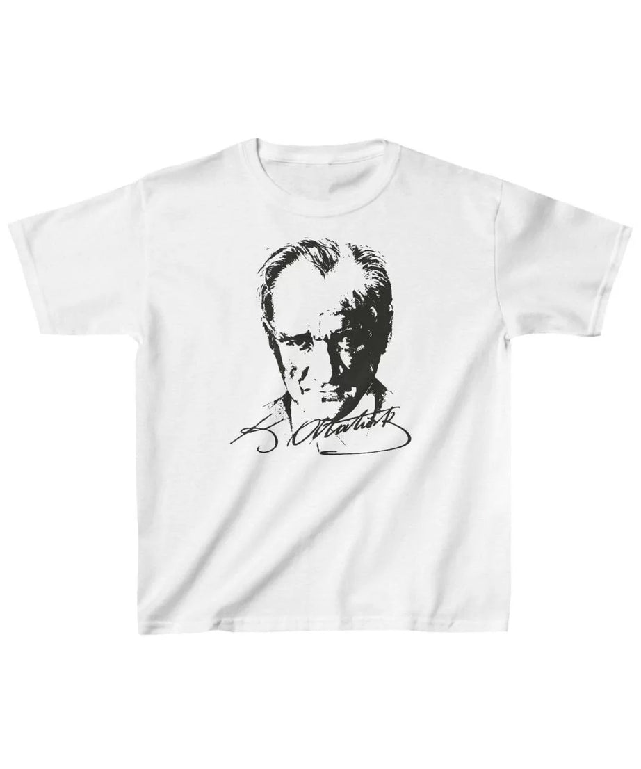 Gucso Çocuk Unisex Mustafa Kemal Atatürk Portreli ve İmzalı Baskılı T-Shirt - Beyaz