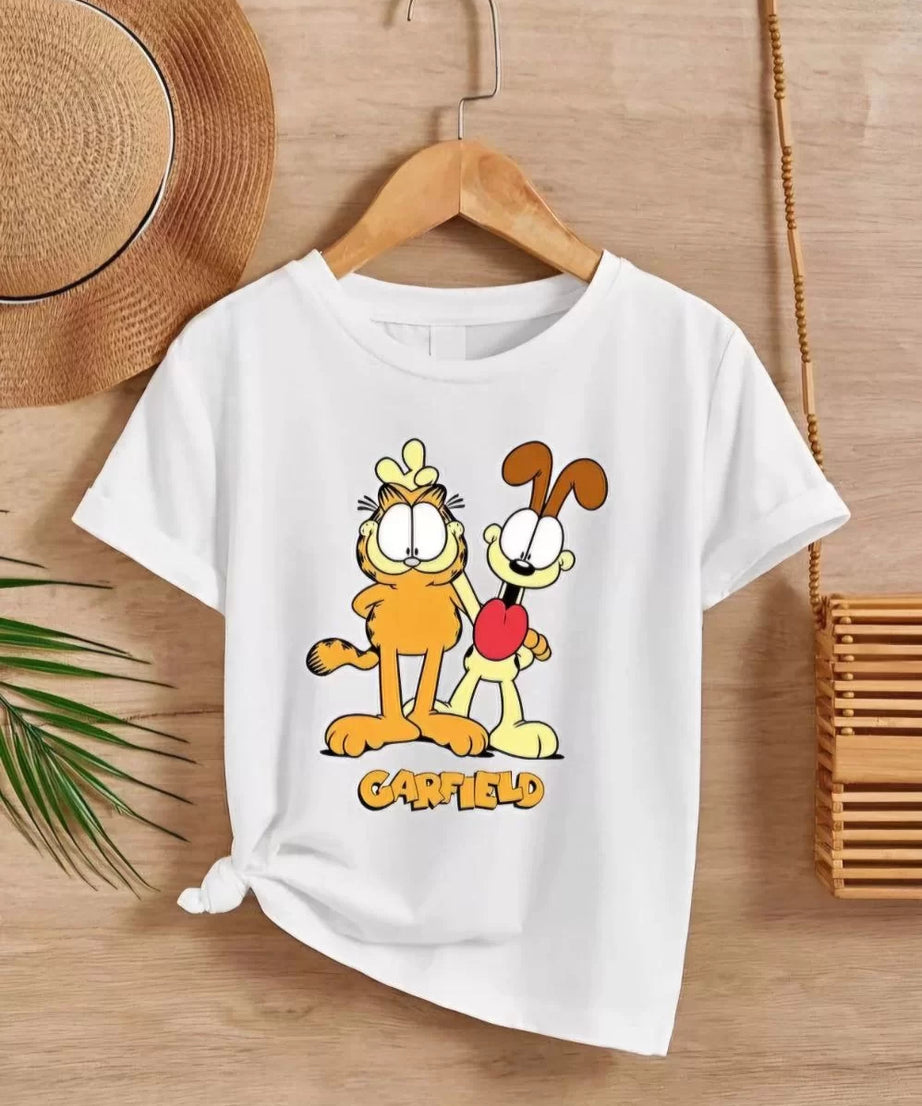 Gucso Çocuk Unisex Ön ve Arka Garfield Baskılı T-Shirt - Beyaz
