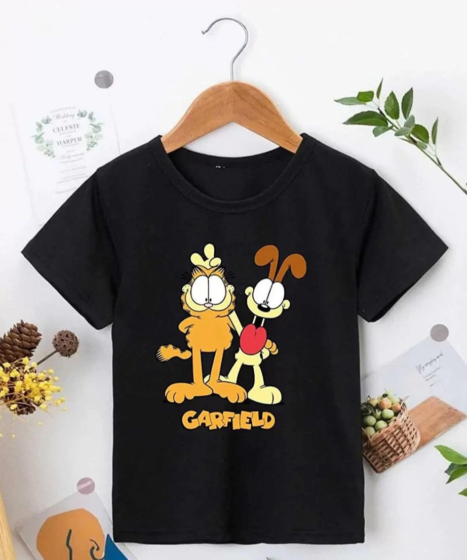 Gucso Çocuk Unisex Ön ve Arka Garfield Baskılı T-Shirt - Siyah