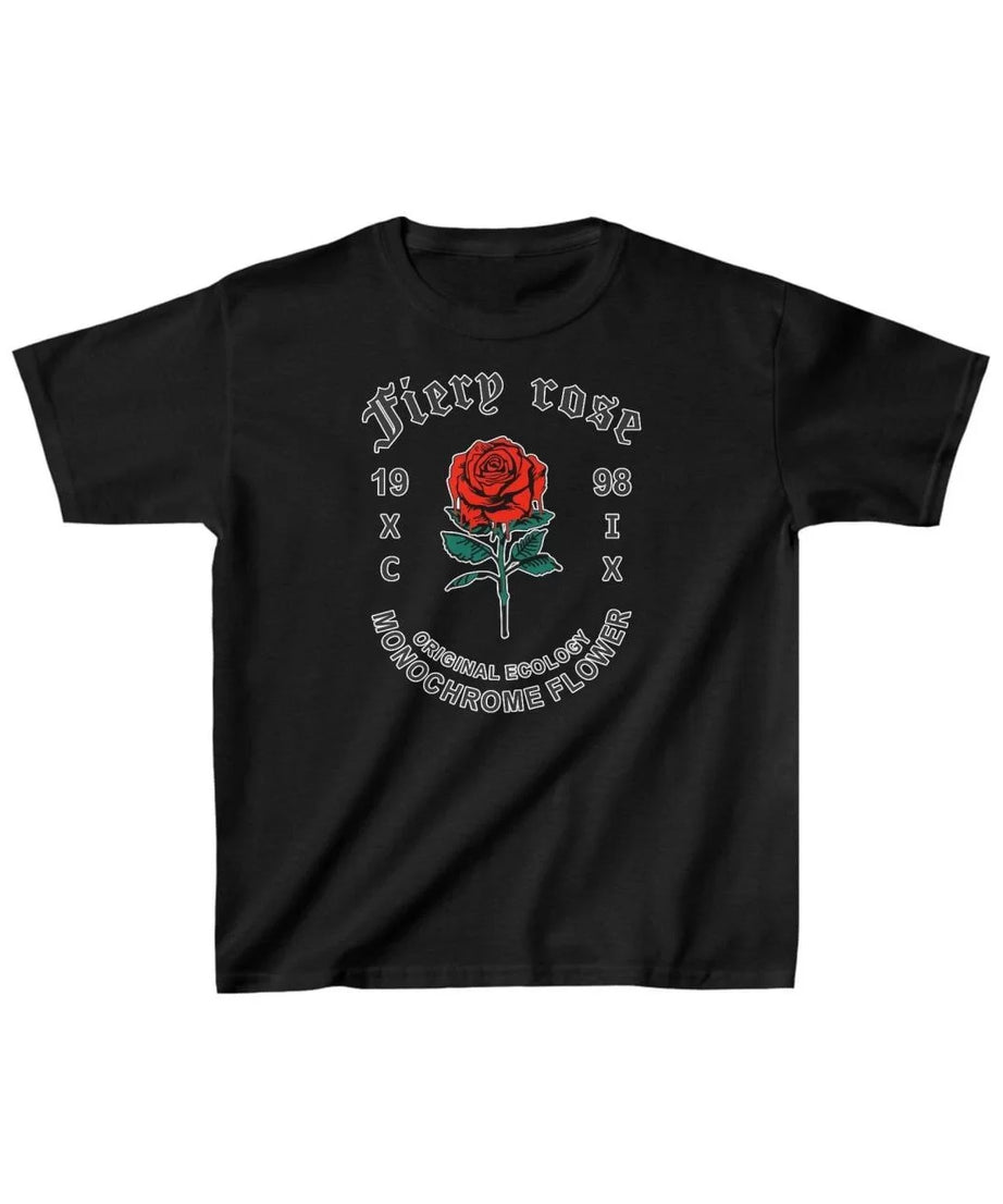 Gucso Çocuk Unisex Fiery Red Rose Baskılı T-Shirt - Siyah