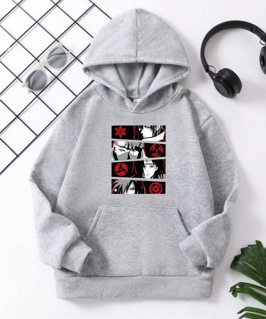 Gucso Çocuk Unisex Kapüşonlu Anime Baskılı Sweatshirt - Gri, Baskı, Sweat