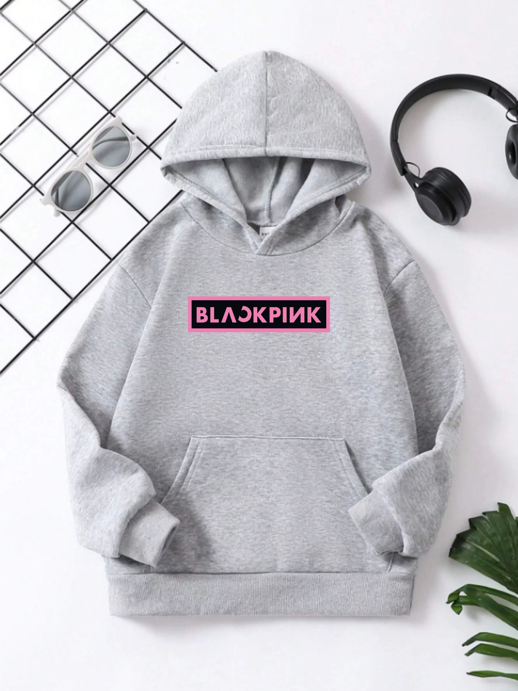 Gucso Çocuk Unisex Kapüşonlu Blackpink Baskılı Pamuklu Sweatshirt - Gri, Baskı, Sweat