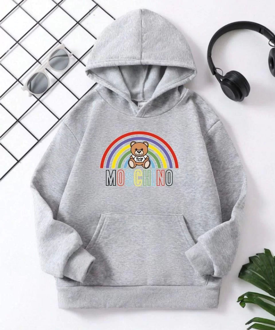 Gucso Çocuk Unisex Kapüşonlu Büyük Gökkuşağı Baskılı Pamuklu Sweatshirt - Gri, Baskı, Sweatshirt, Gökkuşağı