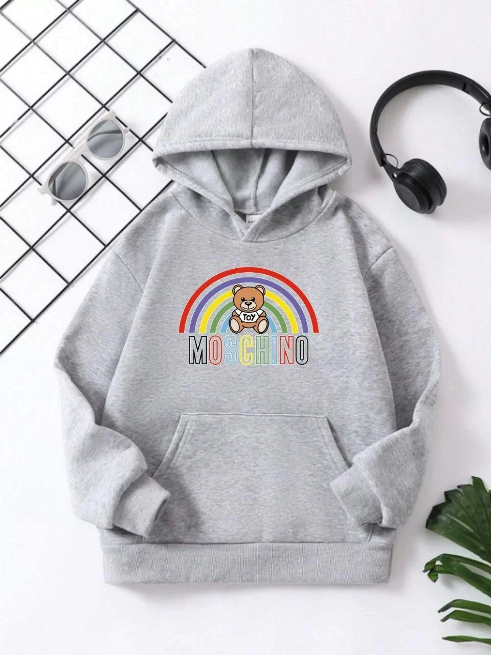 Gucso Çocuk Unisex Kapüşonlu Büyük Gökkuşağı Baskılı Pamuklu Sweatshirt - Gri, Baskı, Sweatshirt, Gökkuşağı