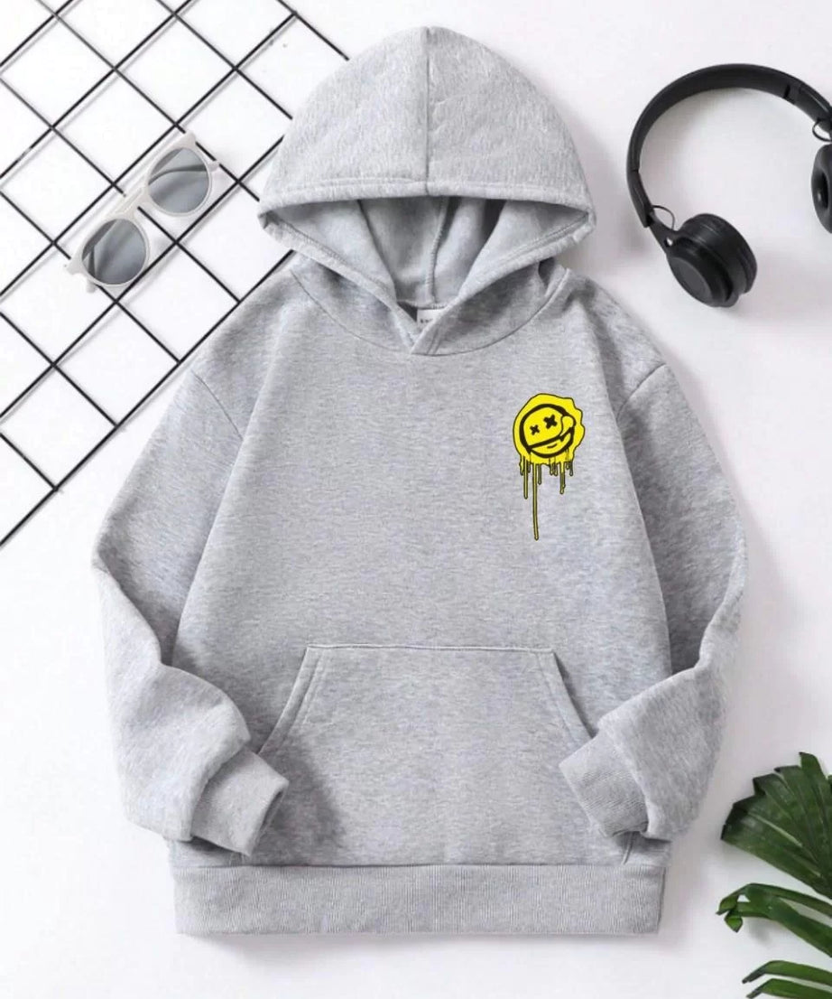 Gucso Çocuk Unisex Kapüşonlu Emoji Baskılı Sweatshirt - Gri, Baskı, Sweat, Emoji