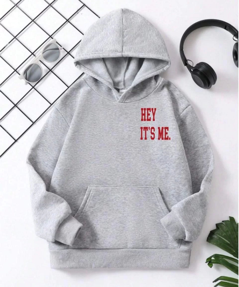 Gucso Çocuk Unisex Kapüşonlu Hey It's Me Baskılı Pamuklu Sweatshirt - Gri, Baskı, Sweat