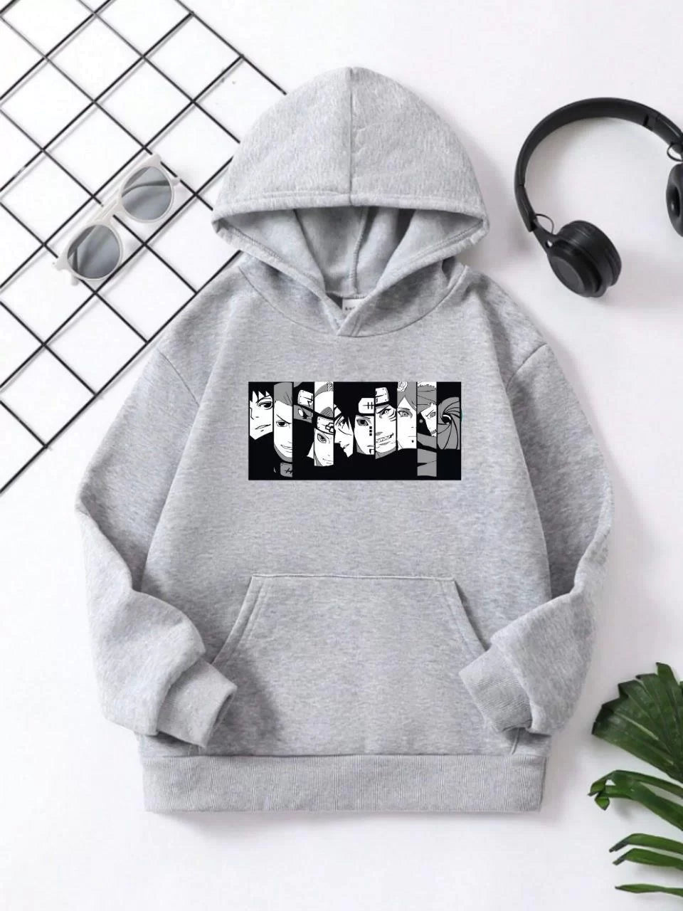 Gucso Çocuk Unisex Kapüşonlu Anime Baskılı Sweatshirt - Gri, Baskı, Sweat