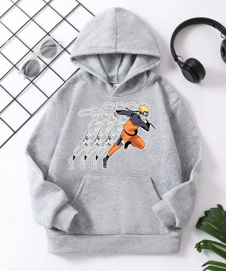 Gucso Çocuk Unisex Kapüşonlu Naruto Baskılı Pamuklu Sweatshirt - Gri, Baskı, Sweatshirt, sweat