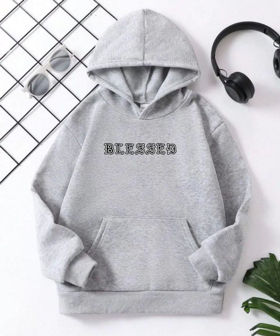 Gucso Çocuk Unisex Kapüşonlu Ön ve Arka Blessed Baskılı Pamuklu Sweatshirt - Gri, Sweat, Baskı