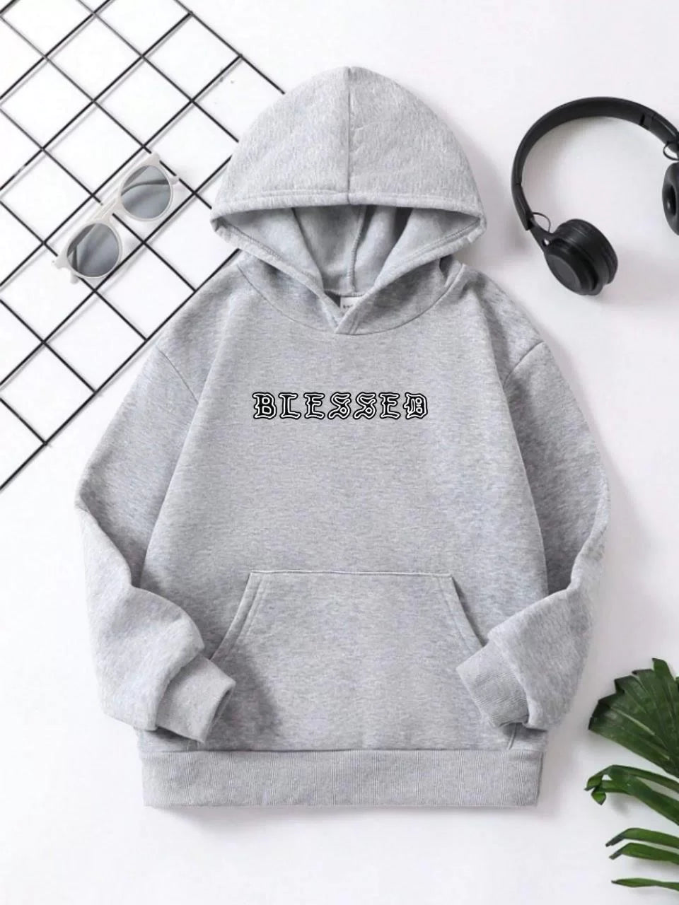 Gucso Kids Unisex Hooded Front and Back Blessed Printed Cotton Sweatshirt - Gray, Sweat, Print 