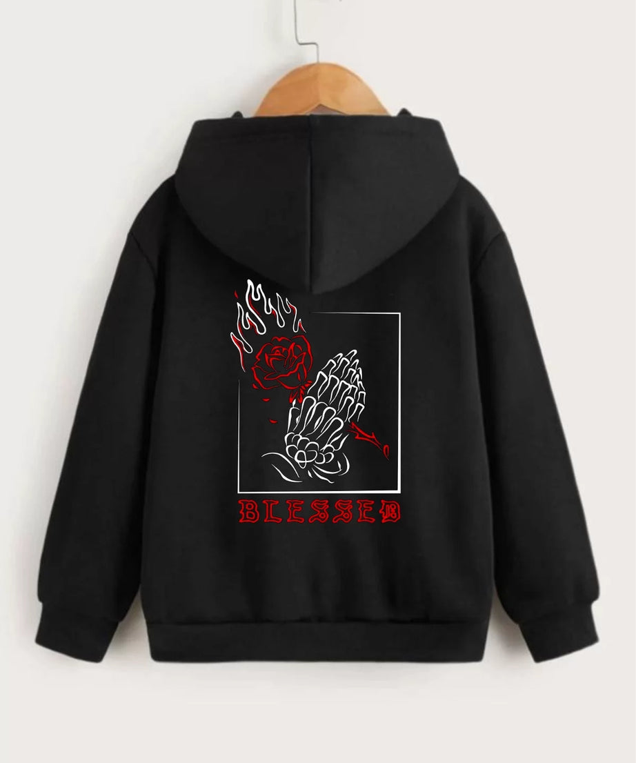 Gucso Çocuk Unisex Kapüşonlu Ön ve Arka Blessed Baskılı Sweatshirt - Siyah, Baskı, Sweat, Blessed