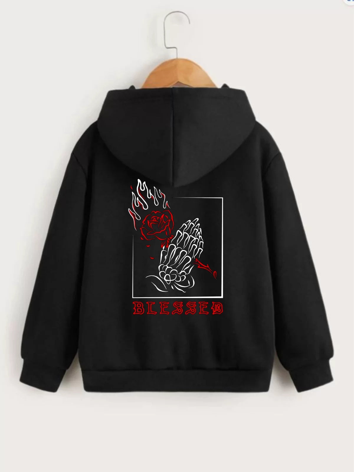 Gucso Çocuk Unisex Kapüşonlu Ön ve Arka Blessed Baskılı Sweatshirt - Siyah, Baskı, Sweat, Blessed