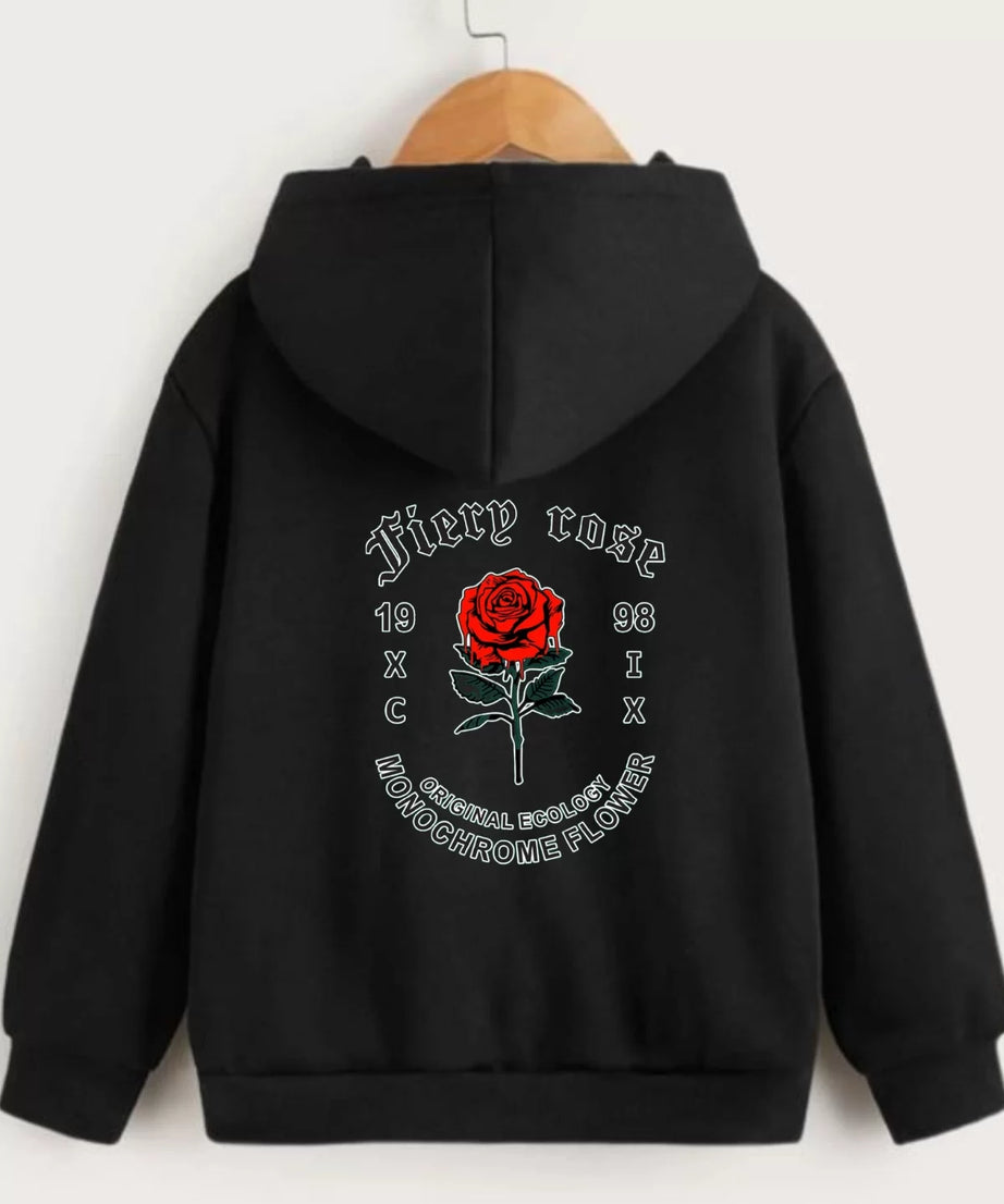 Gucso Çocuk Unisex Kapüşonlu Ön ve Arka Fiery Rose Baskılı Sweatshirt - Siyah, Baskı, Sweat, Fiery, Rose Sweat