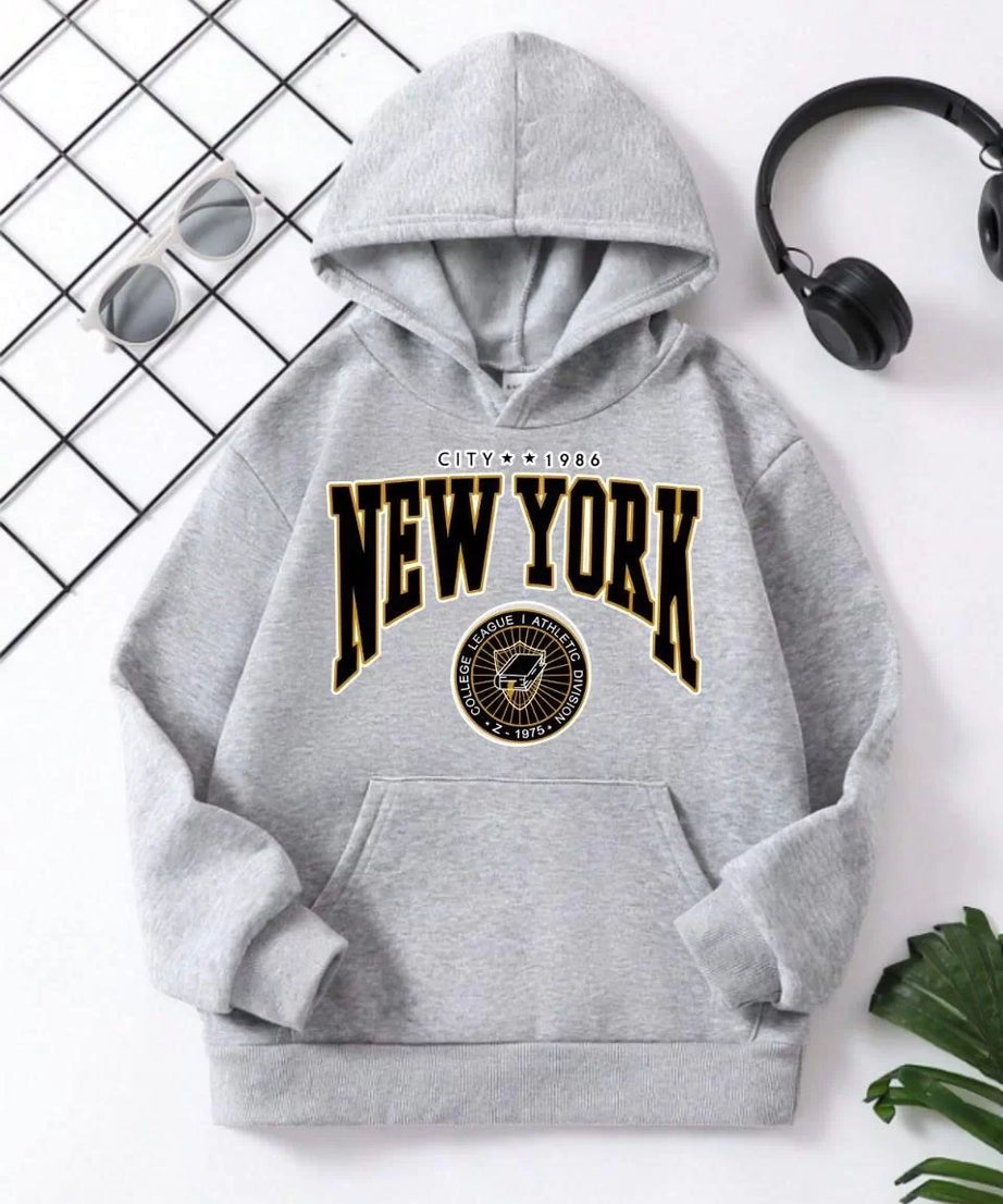 Gucso Çocuk Unisex Kapüşonlu Sarı New York Baskılı Pamuklu Sweatshirt - Gri, Baskı, New, York