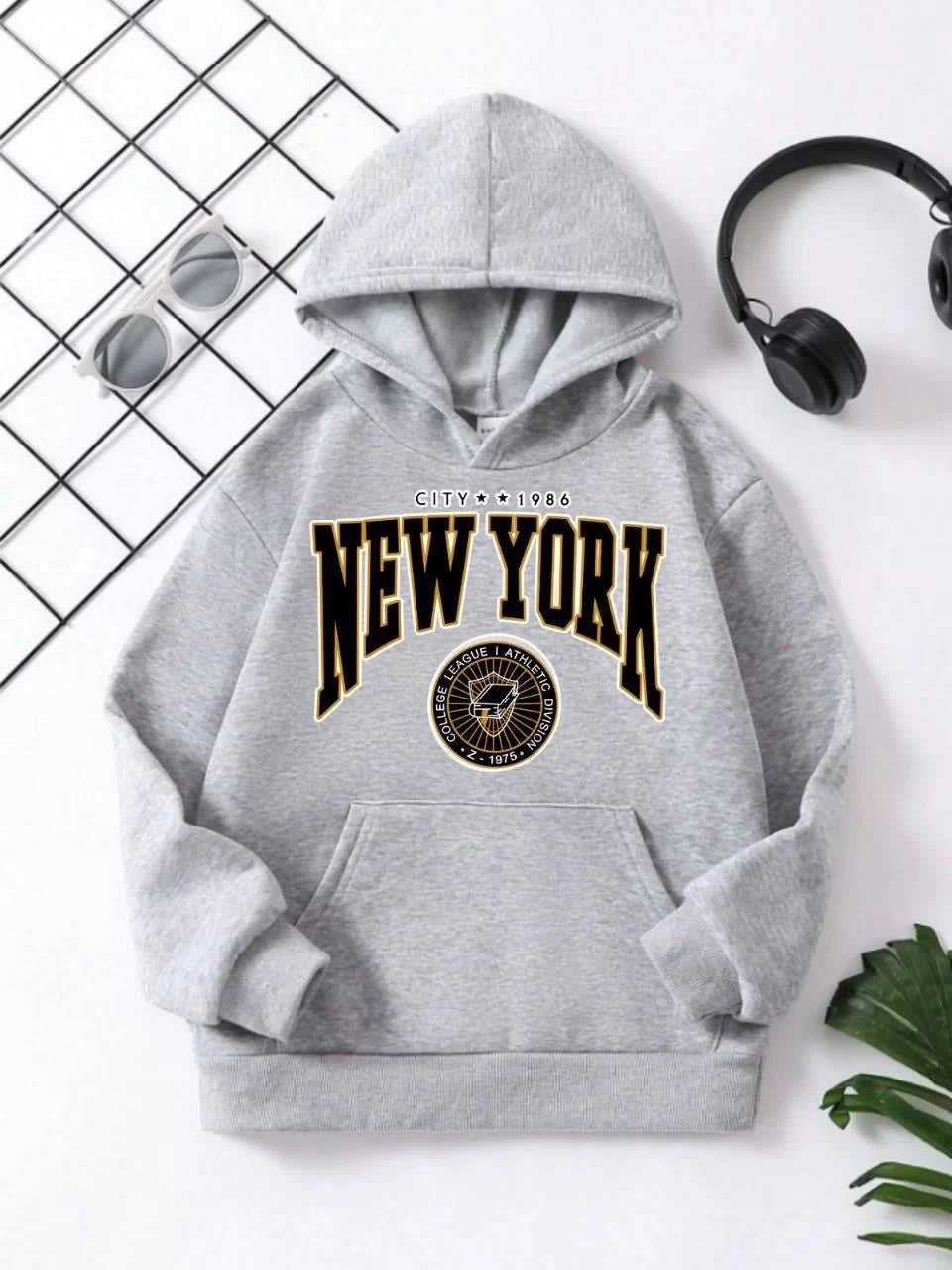 Gucso Çocuk Unisex Kapüşonlu Sarı New York Baskılı Pamuklu Sweatshirt - Gri, Baskı, New, York