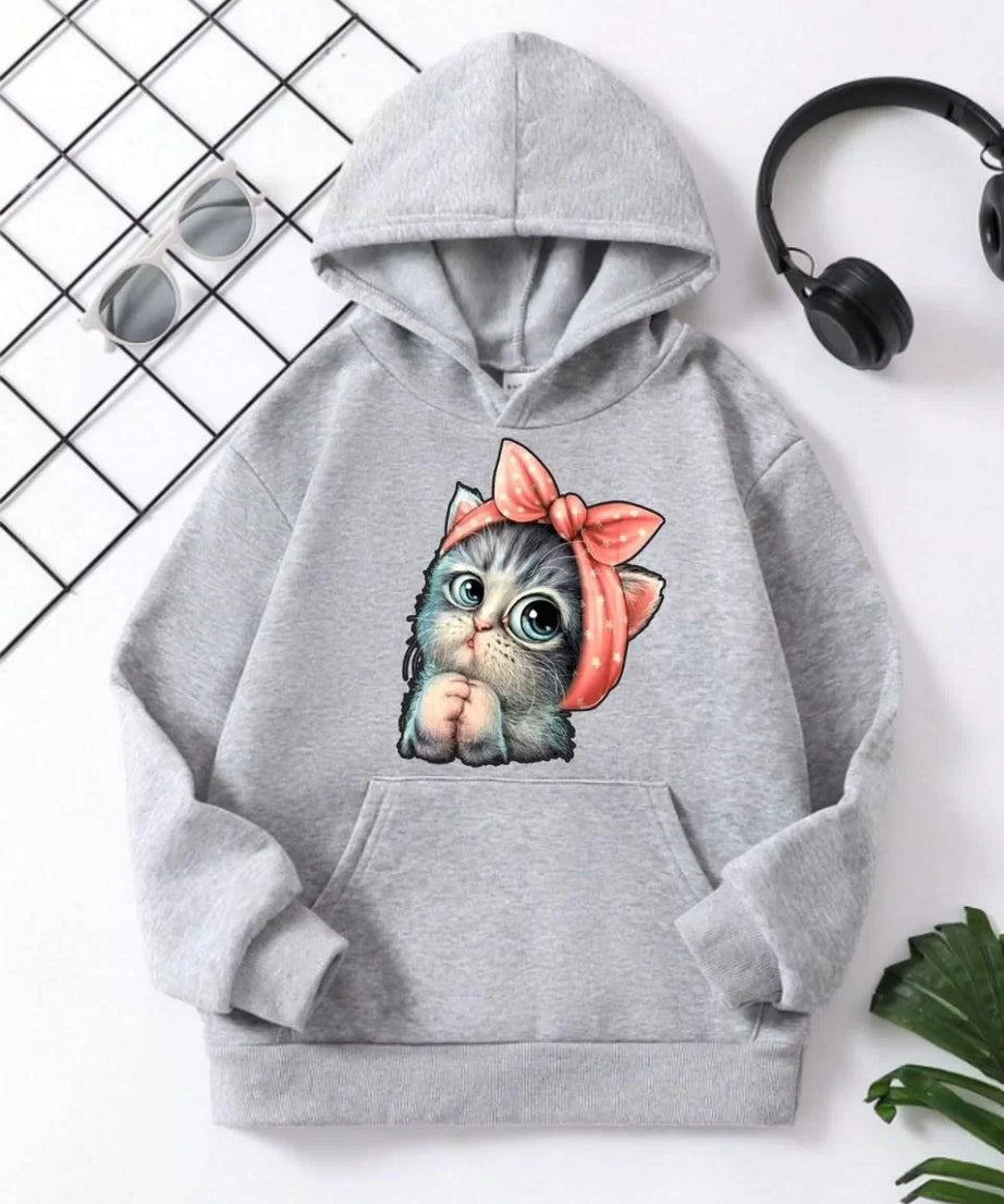 Gucso Çocuk Unisex Kapüşonlu Tatlı Kedi Baskılı Pamuklu Sweatshirt - Gri, Baskı, Kedi Baskı, Sweatshirt