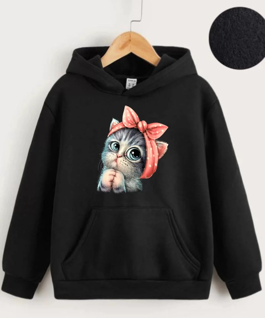 Gucso Çocuk Unisex Kapüşonlu Tatlı Kedi Baskılı Sweatshirt - Siyah, Baskılı, Sweat