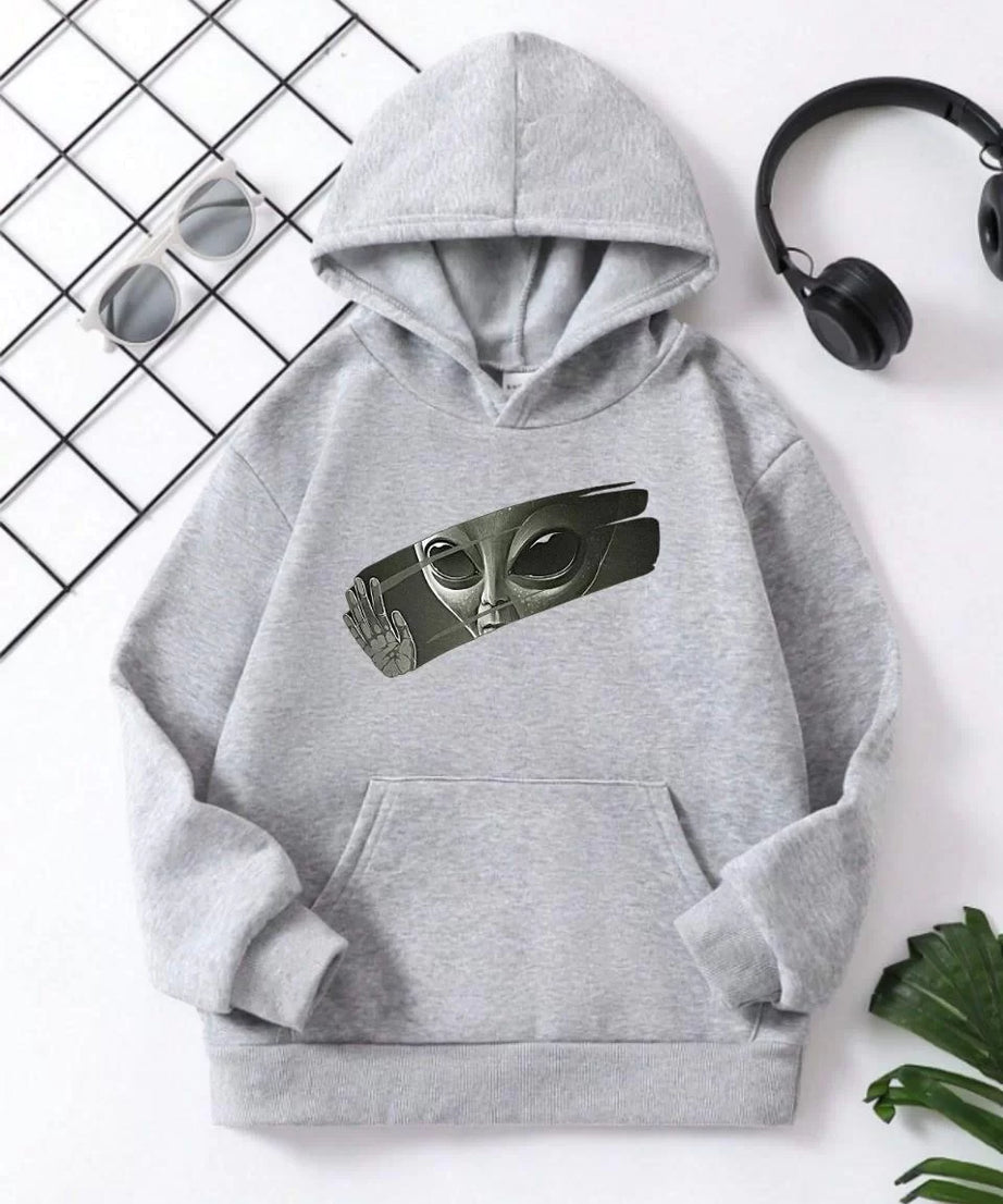 Gucso Çocuk Unisex Kapüşonlu Uzaylı Baskılı Pamuklu Sweatshirt - Gri, Baskı, Sweat, Uzaylı