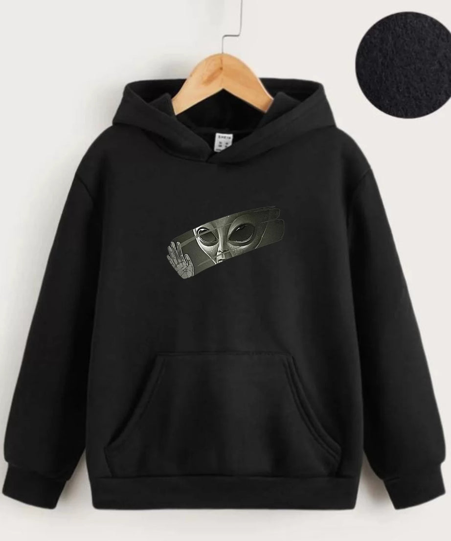 Gucso Çocuk Unisex Kapüşonlu Uzaylı Baskılı Sweatshirt - Siyah, Baskı, Sweat