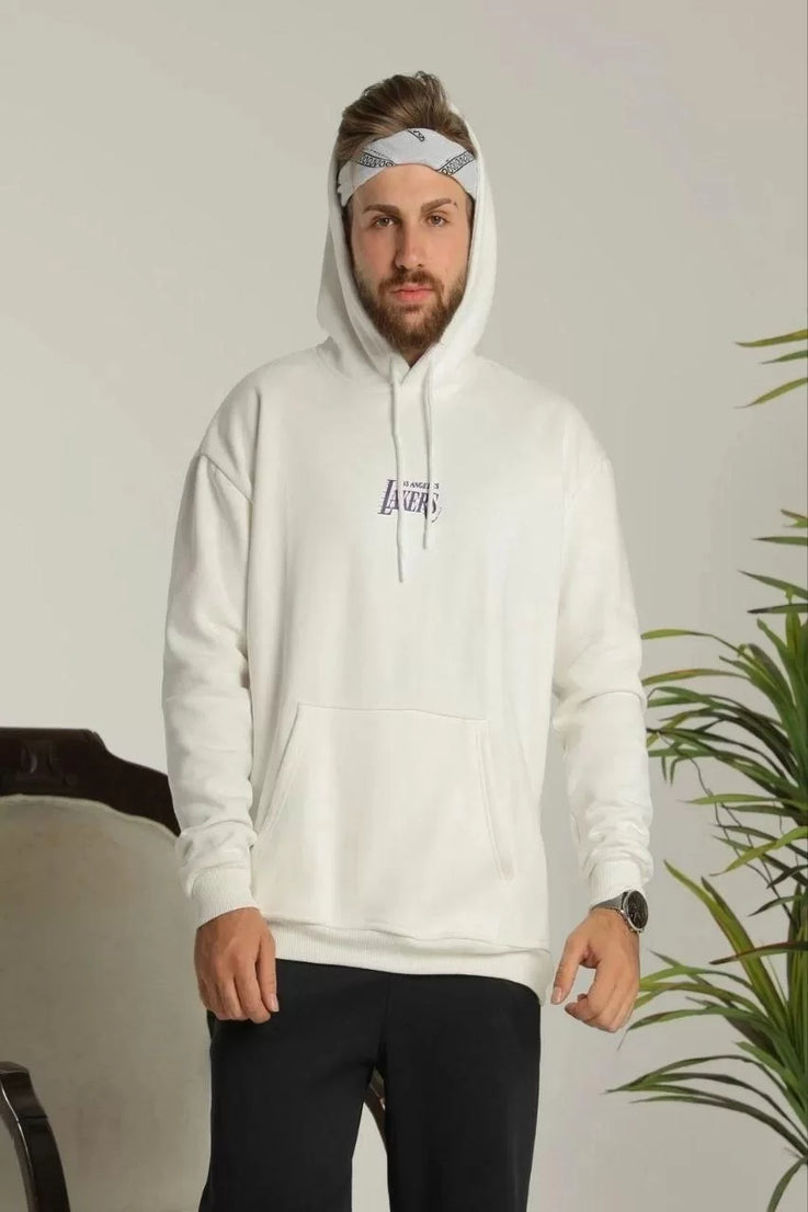 Gucso Erkek 24 Los Angeles Lakers Baskılı ve Sırt 24 Kobe Bryant Baskılı Baskılı Ovresize Üç İplik Kapüşonlu Sweatshirt - Beyaz