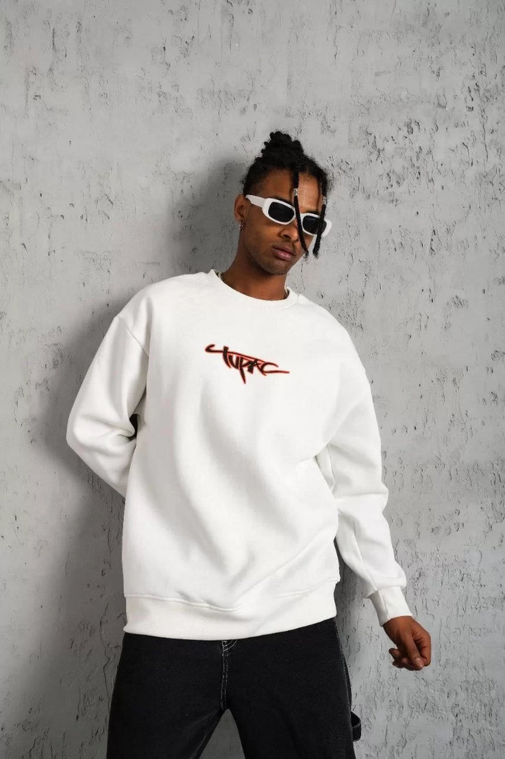 Gucso Erkek 3 İplik Gangster Tupac Baskılı Sweatshirt - Beyaz