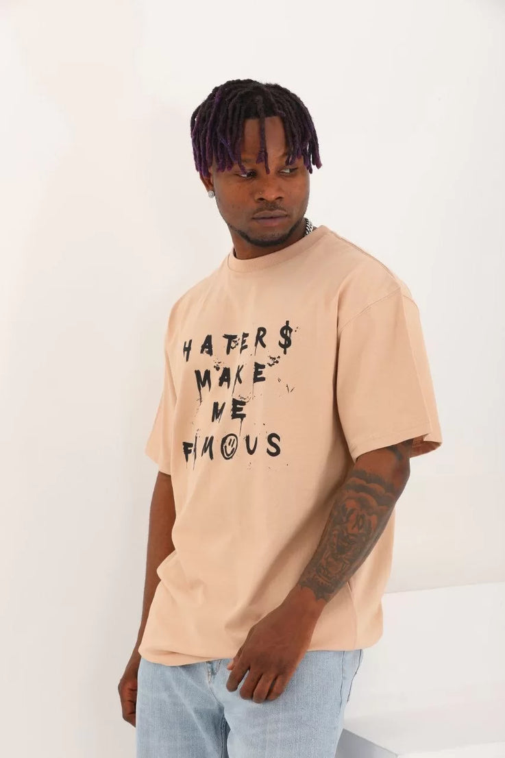 Gucso Erkek Oversize Haters Make Me Famous Baskılı Bisiklet Yaka T-Shirt - Bej