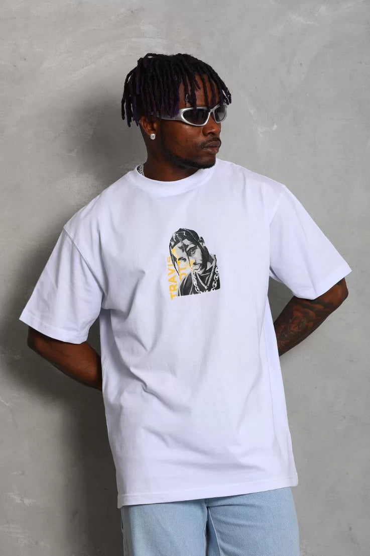 Gucso Erkek Oversize Travis Scott Baskılı Bisiklet Yaka T-Shirt - Beyaz