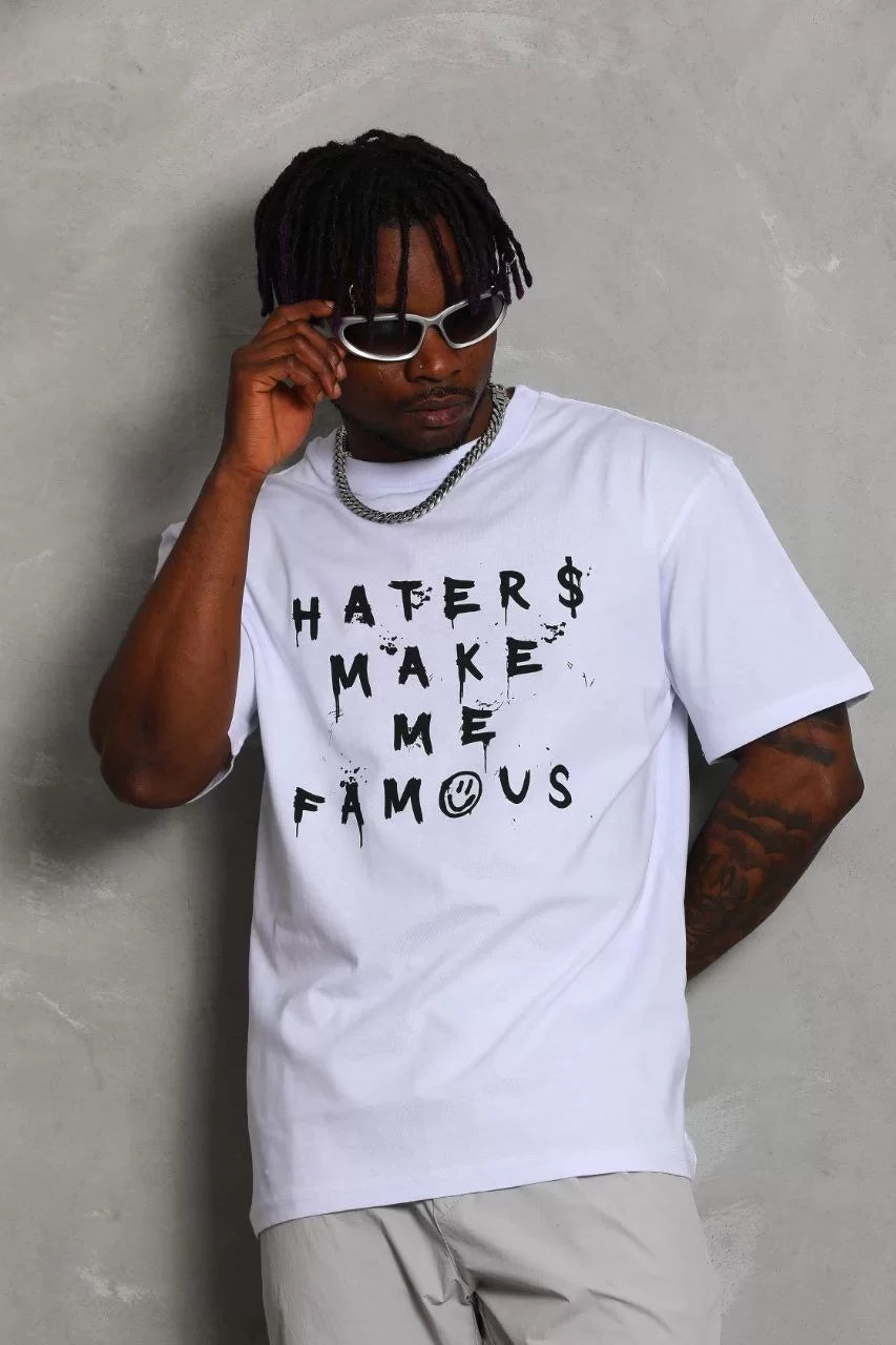 Gucso Erkek Oversize Haters Make Me Famous Baskılı Bisiklet Yaka T-Shirt - Beyaz