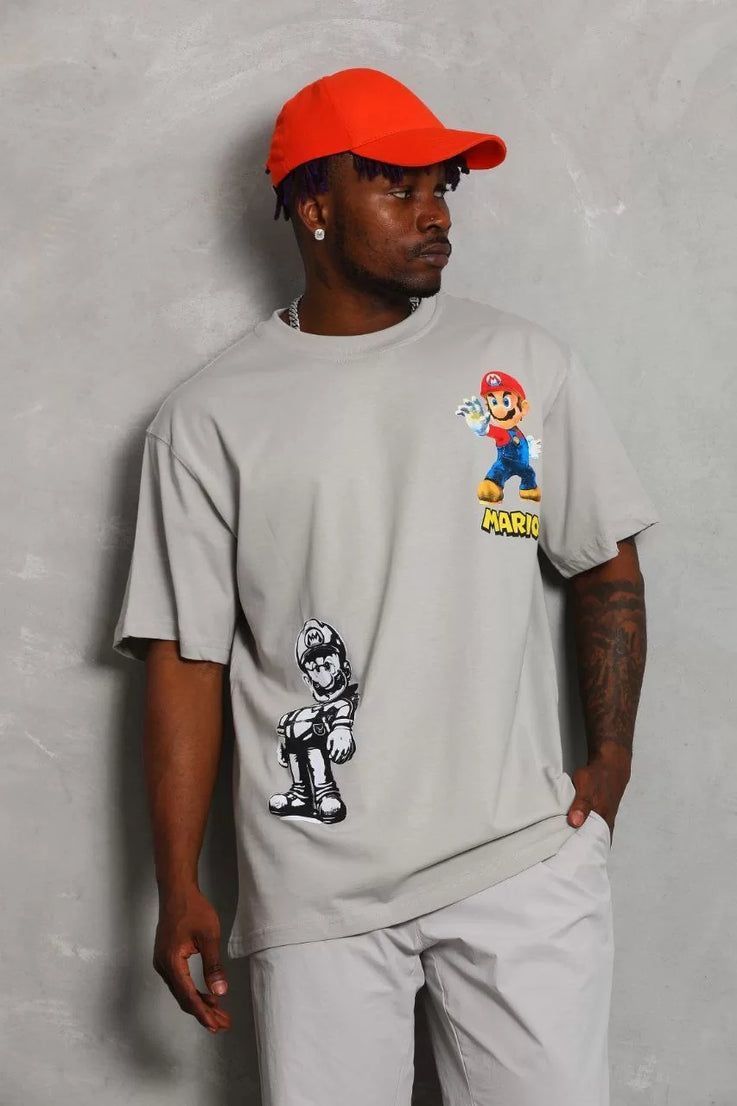 Gucso Erkek Oversize Super Mario Baskılı Bisiklet Yaka T-Shirt - Gri